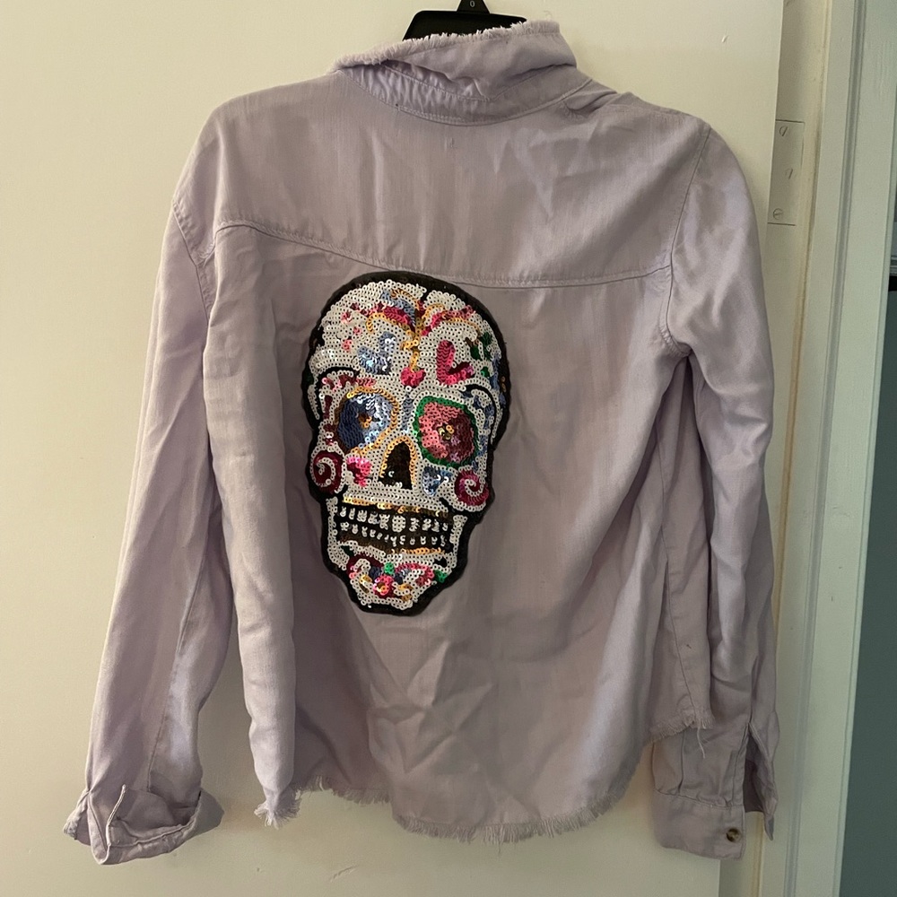 Sojara Purple Button Down Shirt with Sequin Skull